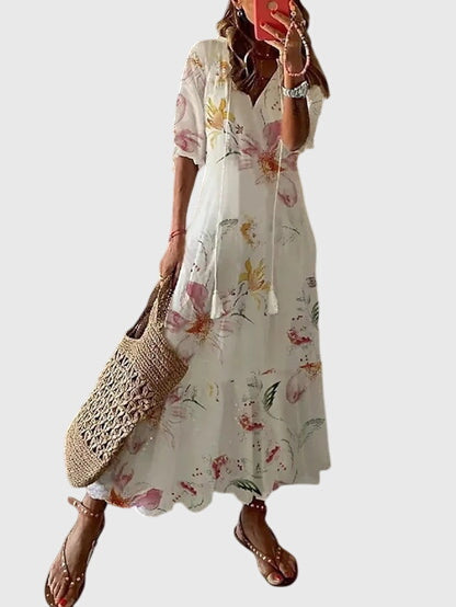 Vestido feminino boho estampado com decote V leve e estampa vintage