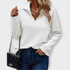 Camisola canelada feminina quarter-zip com gola, manga comprida