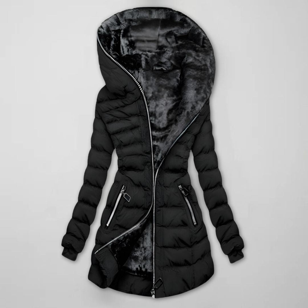 Casaco longo acolchoado de inverno com capuz para mulher