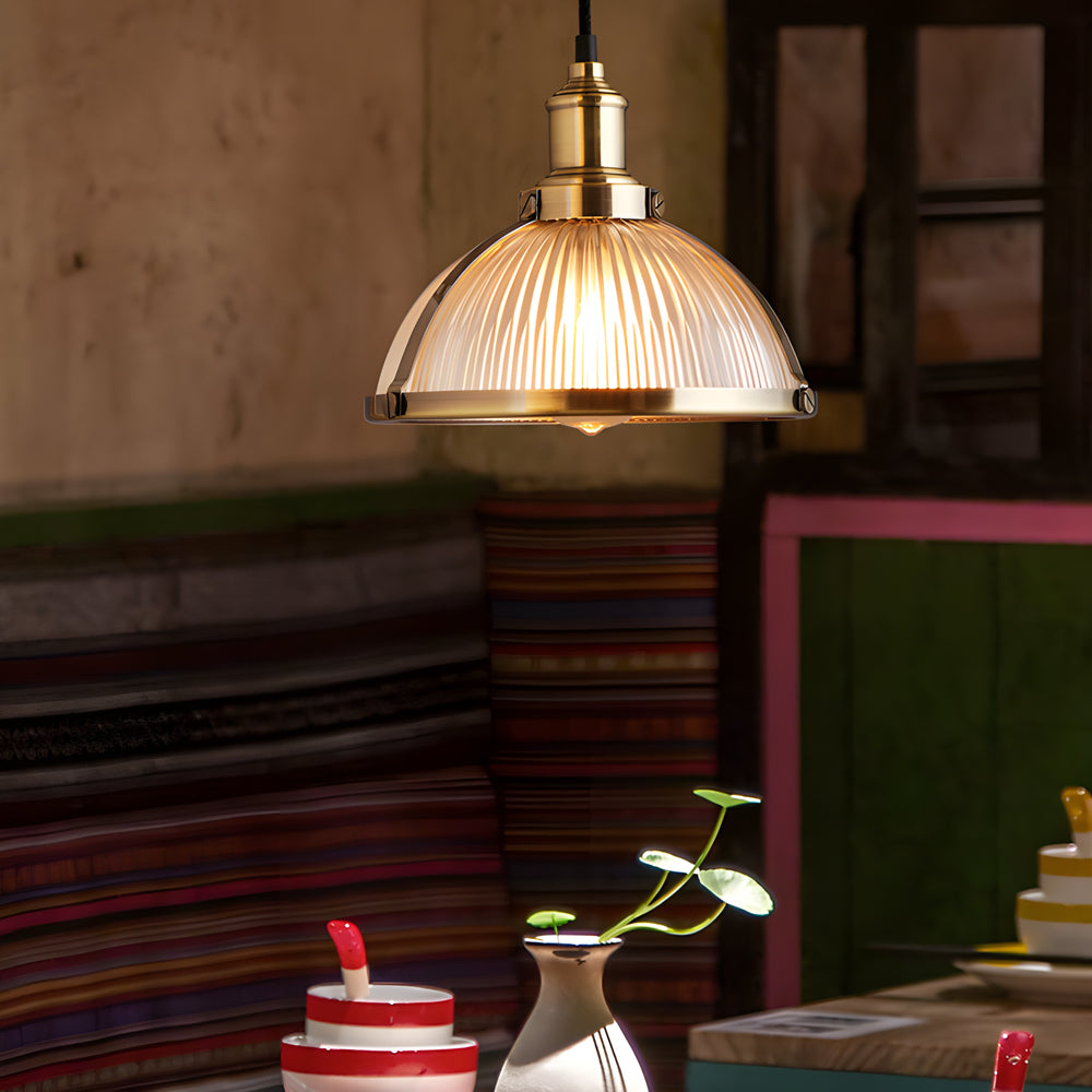 Candeeiro pendente retro com abajur de vidro riscado, 1 luz 40W, acabamento cromo e bronze