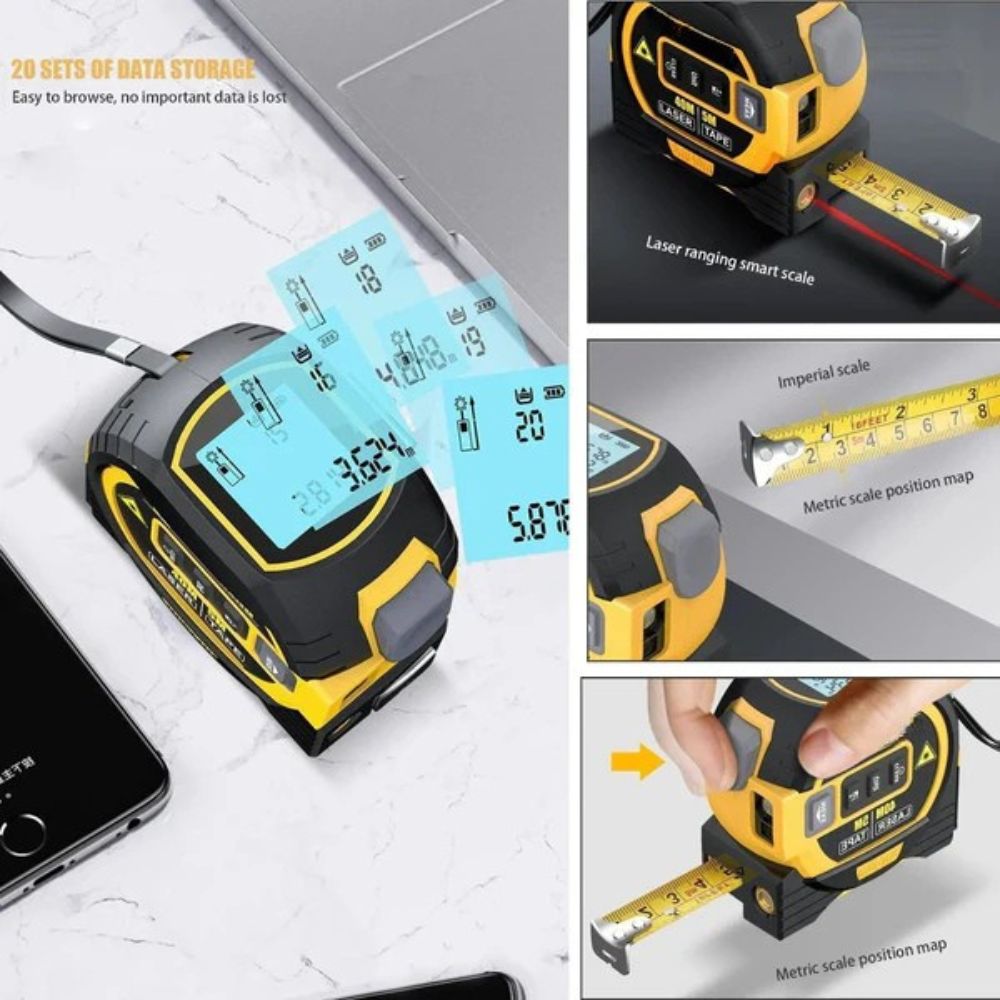 Fita métrica laser 3 em 1 infravermelha com visor LCD retroiluminado, amarelo e azul