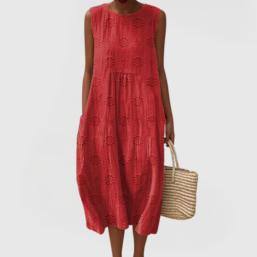 Vestido feminino sem mangas com bordado floral e bolsos laterais ocultos