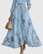 Vestido maxi floral manga longa decote V plissado com laço na cintura feminino