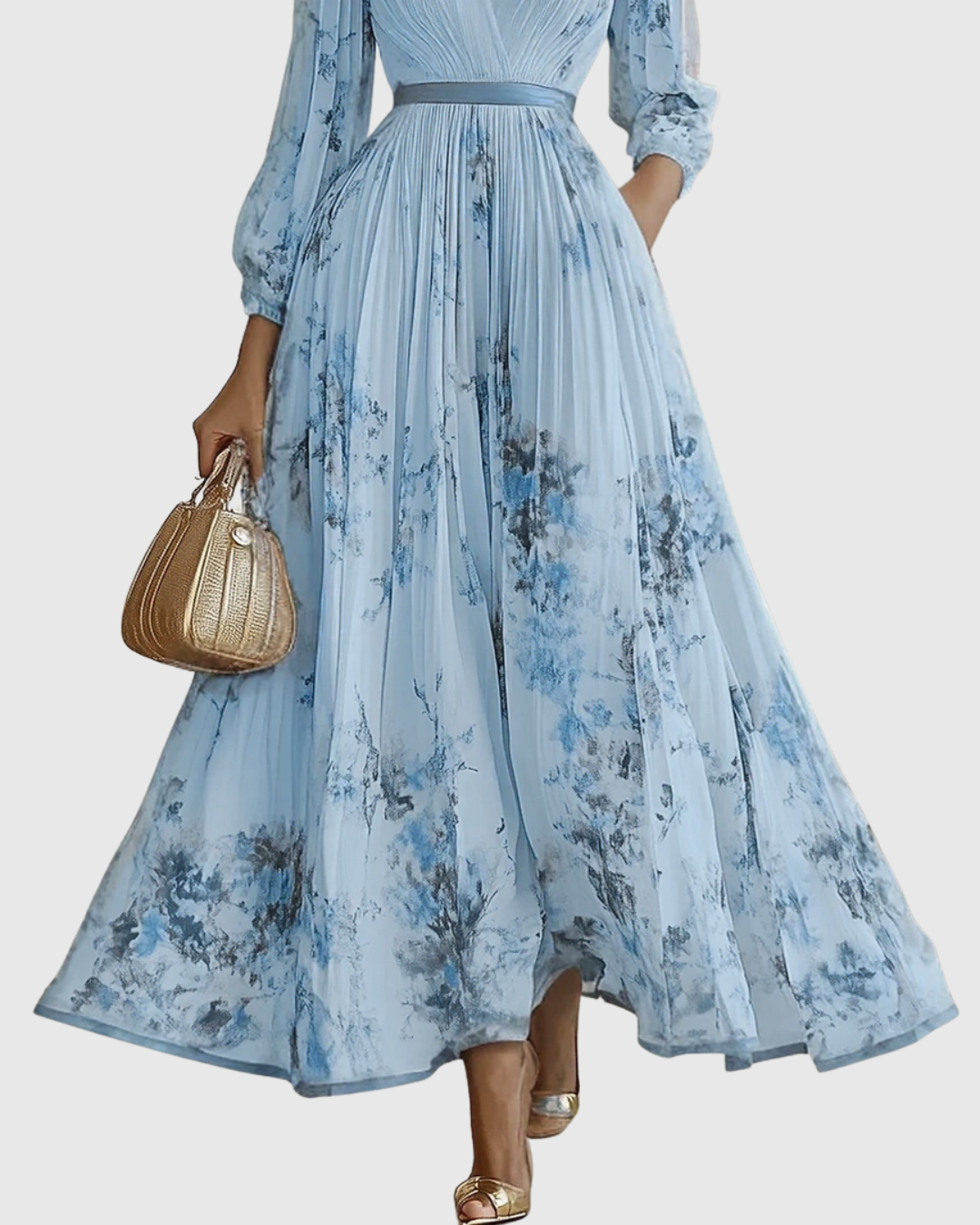 Vestido maxi floral manga longa decote V plissado com laço na cintura feminino