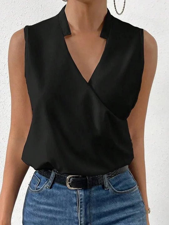 Blusa feminina decote V leve e respirável, sem mangas, estampada floral e cores sólidas