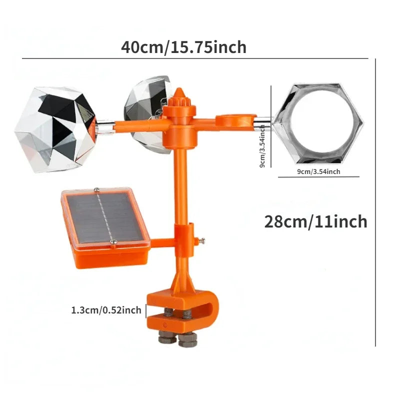 Espantalho solar rotativo 360° repelente de pássaros ultrassônico reflexivo para jardim