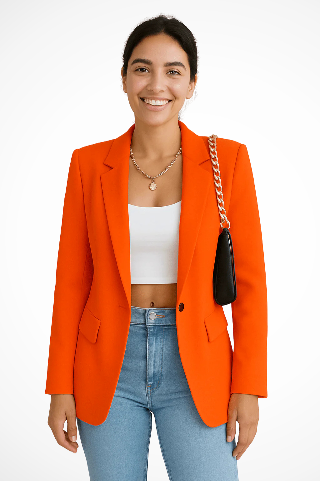 Blazer feminino estruturado com botão único e lapela, corte alfaiatado