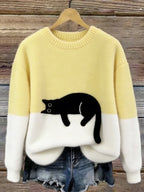 Camisola de malha color block com motivo de gato, corte relaxado verde e branco