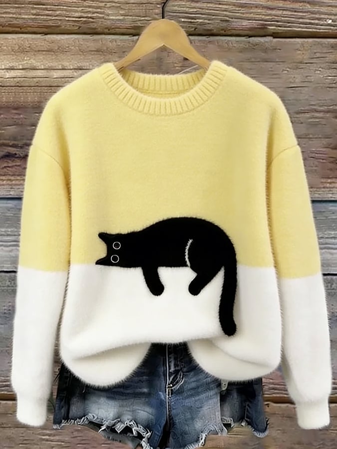 Camisola de malha color block com motivo de gato, corte relaxado verde e branco
