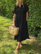 Vestido longo feminino maxi com botões frontais e mangas curtas