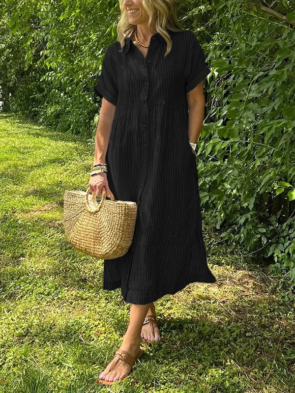 Vestido longo feminino maxi com botões frontais e mangas curtas