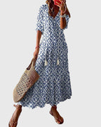 Vestido feminino boho estampado com decote V leve e estampa vintage