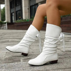 Botins femininos salto bloco com cadarço decorativo e cano slouchy