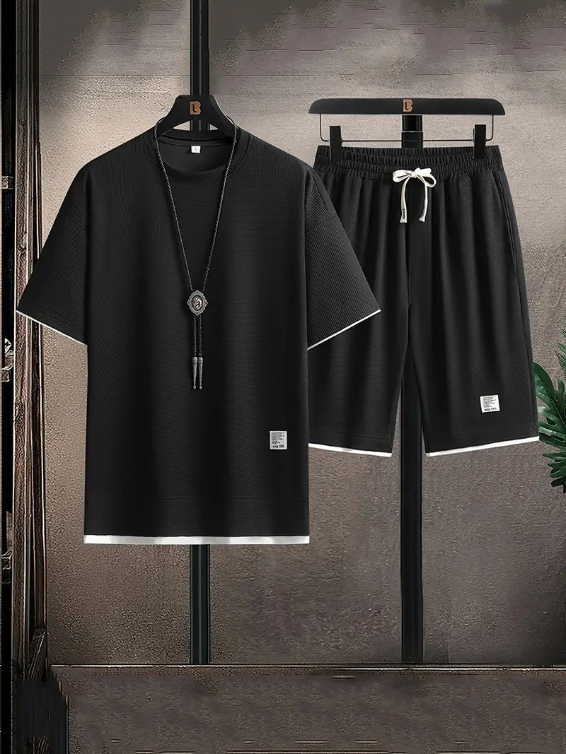 Conjunto masculino de duas peças em tecido waffle, fit relaxado e respirável