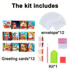 Kit 12 cartões de felicitações diamond painting Natal e Ano Novo com mosaico artesanal colorido