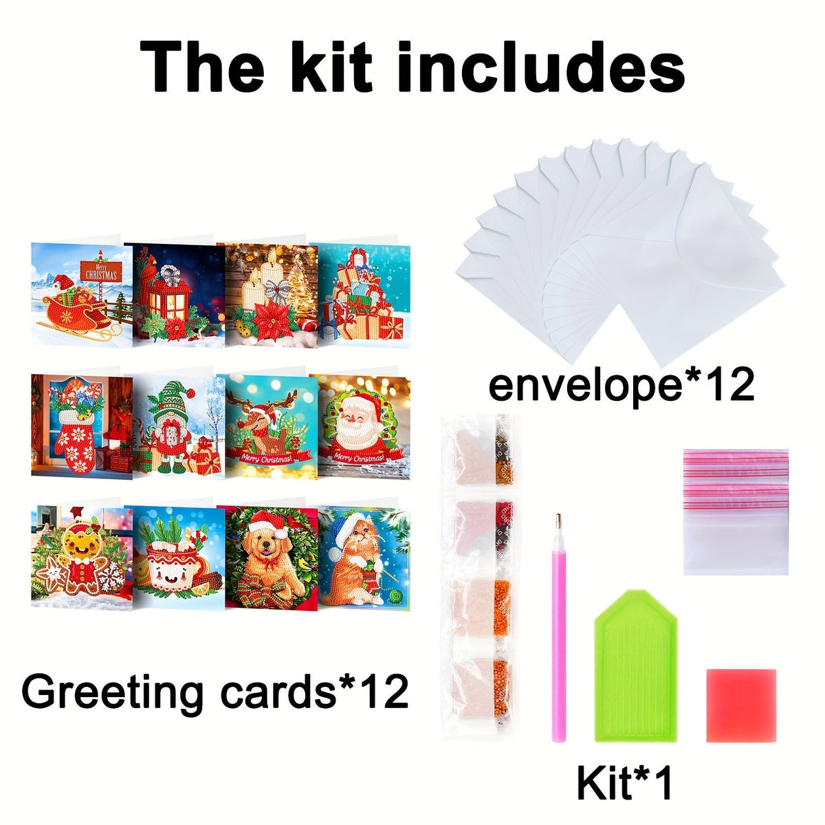 Kit 12 cartões de felicitações diamond painting Natal e Ano Novo com mosaico artesanal colorido