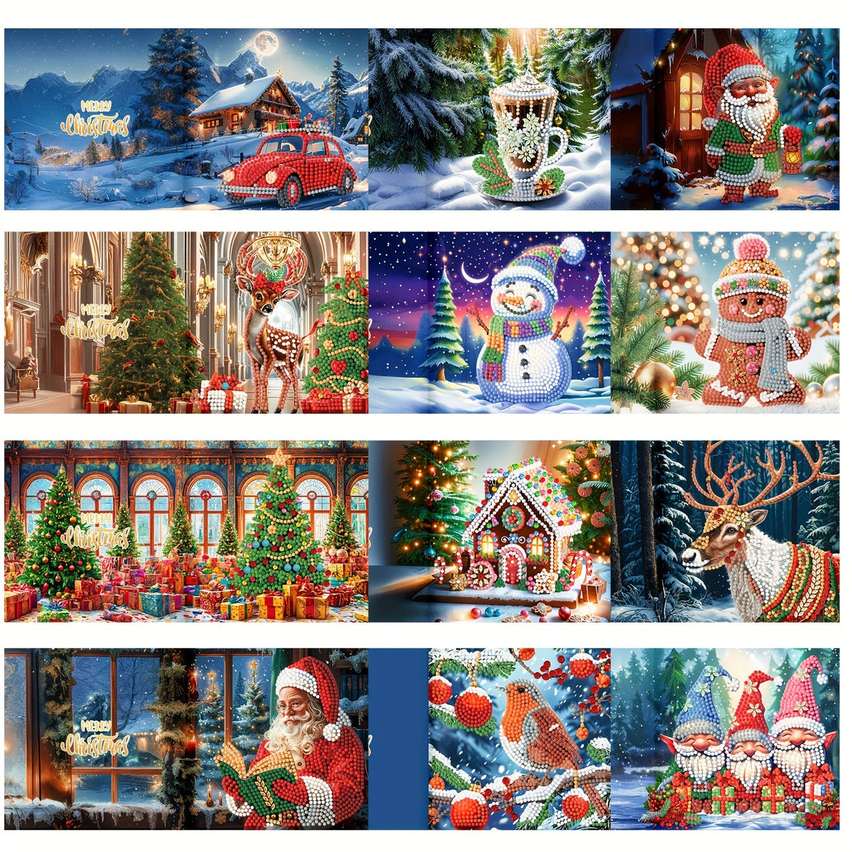 Kit de cartões de Natal com diamond painting 12 unidades Pai Natal e animais DIY