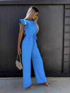 Jumpsuit mulher perna larga mangas borboleta com cinto incluído