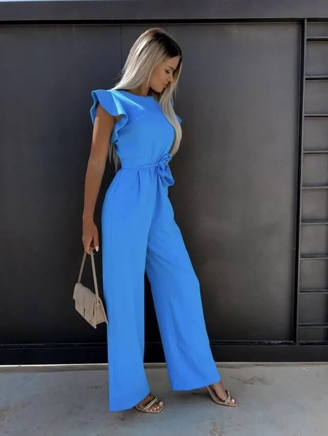 Jumpsuit mulher perna larga mangas borboleta com cinto incluído