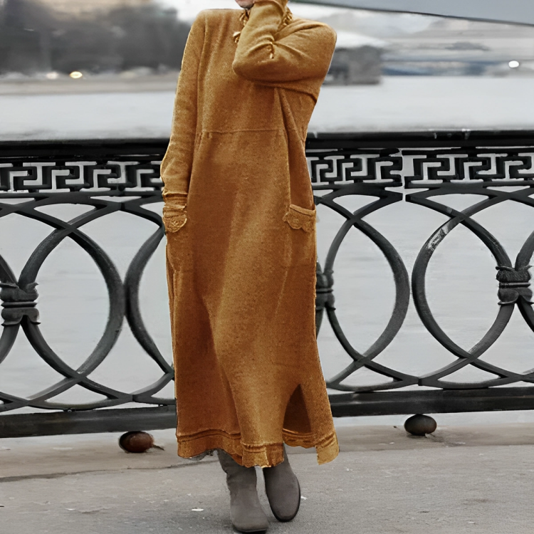Vestido de inverno feminino malha midi com fenda lateral e bolsos