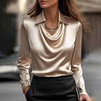 Blusa cetim feminina manga longa com decote cascata fluido