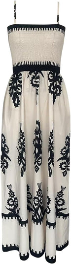 Vestido maxi feminino boho smockado decote quadrado estampado sem mangas
