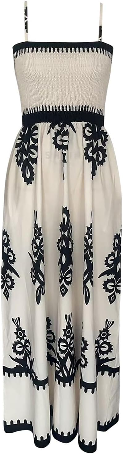 Vestido maxi feminino boho smockado decote quadrado estampado sem mangas