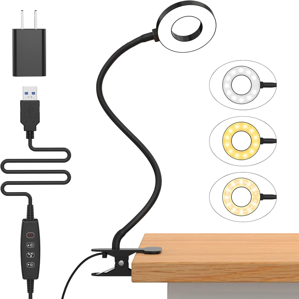 Candeeiro LED de mesa com mola, pescoço flexível 360°, 3 modos de cor, conjunto de 2