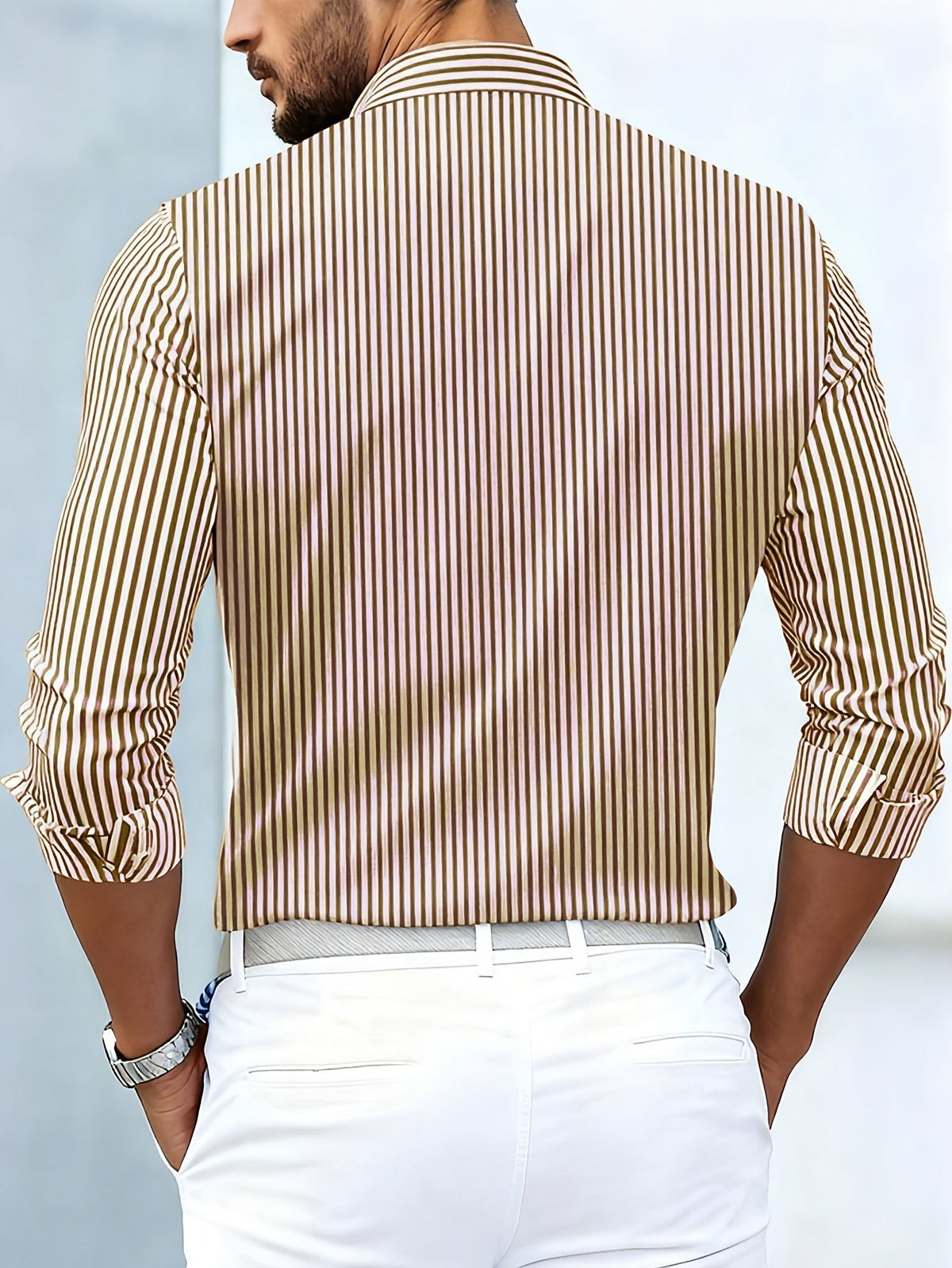 Camisa masculina listrada manga longa lavagem vintage efeito desgastado