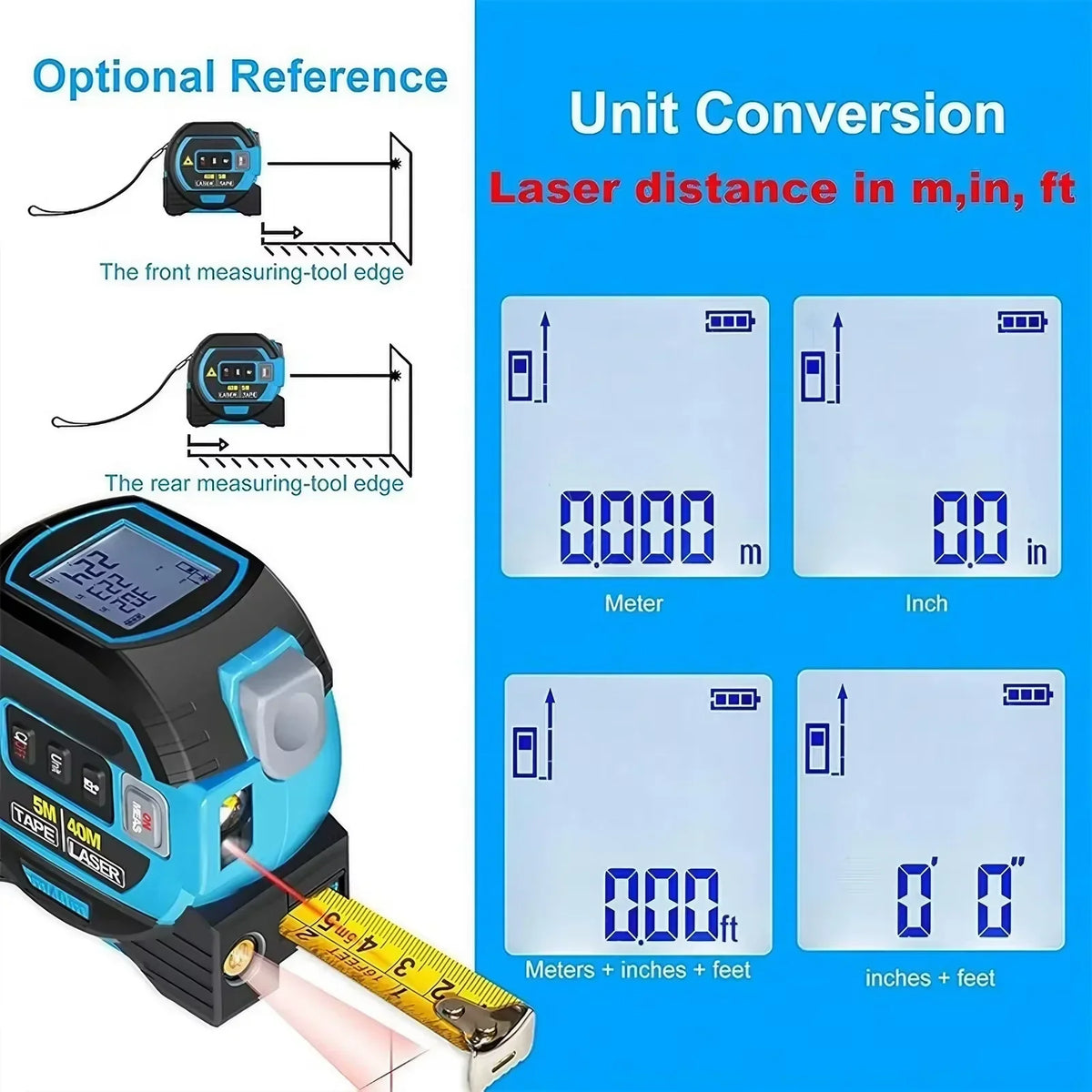 Trena laser 3 em 1 digital infravermelha 40/60M com display e fita de aço manganês
