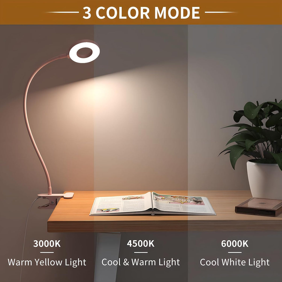 Candeeiro LED de mesa com mola, pescoço flexível 360°, 3 modos de cor, conjunto de 2