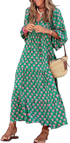 Vestido maxi boho feminino estampado geométrico com decote V e corte fluido