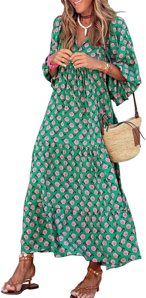 Vestido maxi boho feminino estampado geométrico com decote V e corte fluido