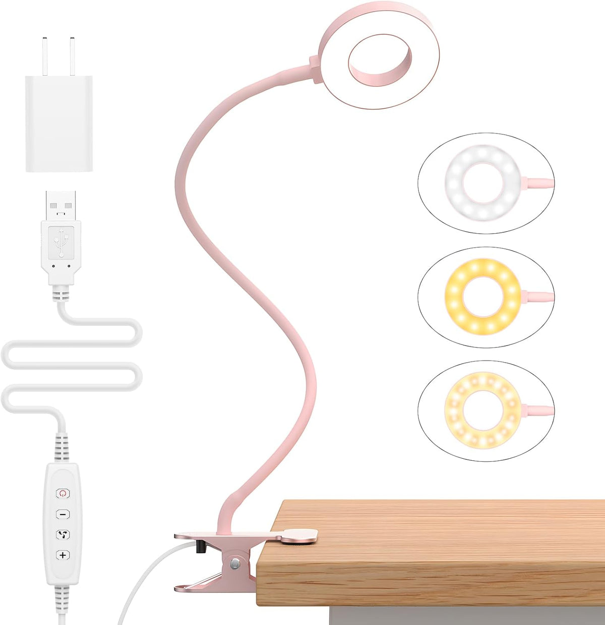 Candeeiro LED de mesa com mola, pescoço flexível 360°, 3 modos de cor, conjunto de 2