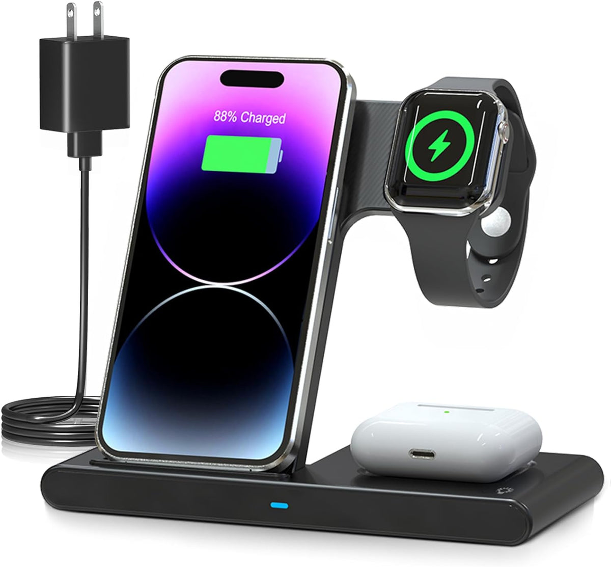Carregador sem fio 3 em 1 para iPhone, Apple Watch e AirPods, rápido e dobrável