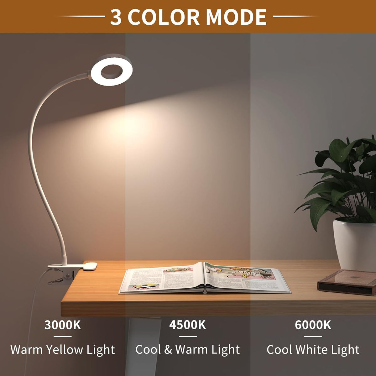 Candeeiro LED de mesa com mola, pescoço flexível 360°, 3 modos de cor, conjunto de 2