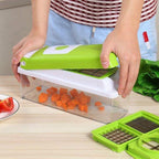 Cortador de legumes 12 em 1 multifuncional com lâminas inox e recipiente de recolha, branco e verde