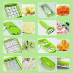 Cortador de legumes 12 em 1 multifuncional com lâminas inox e recipiente de recolha, branco e verde