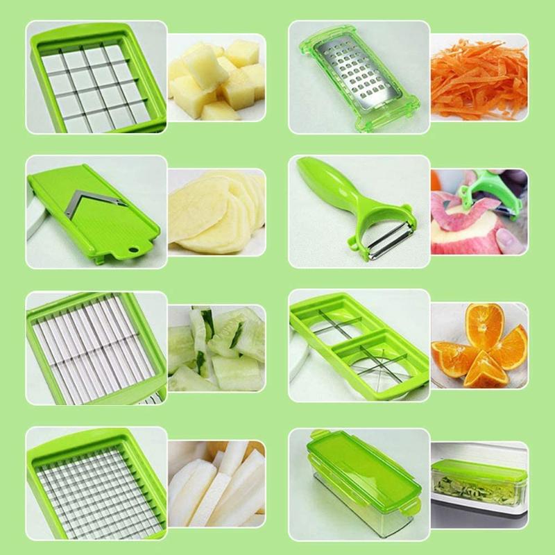 Cortador de legumes 12 em 1 multifuncional com lâminas inox e recipiente de recolha, branco e verde