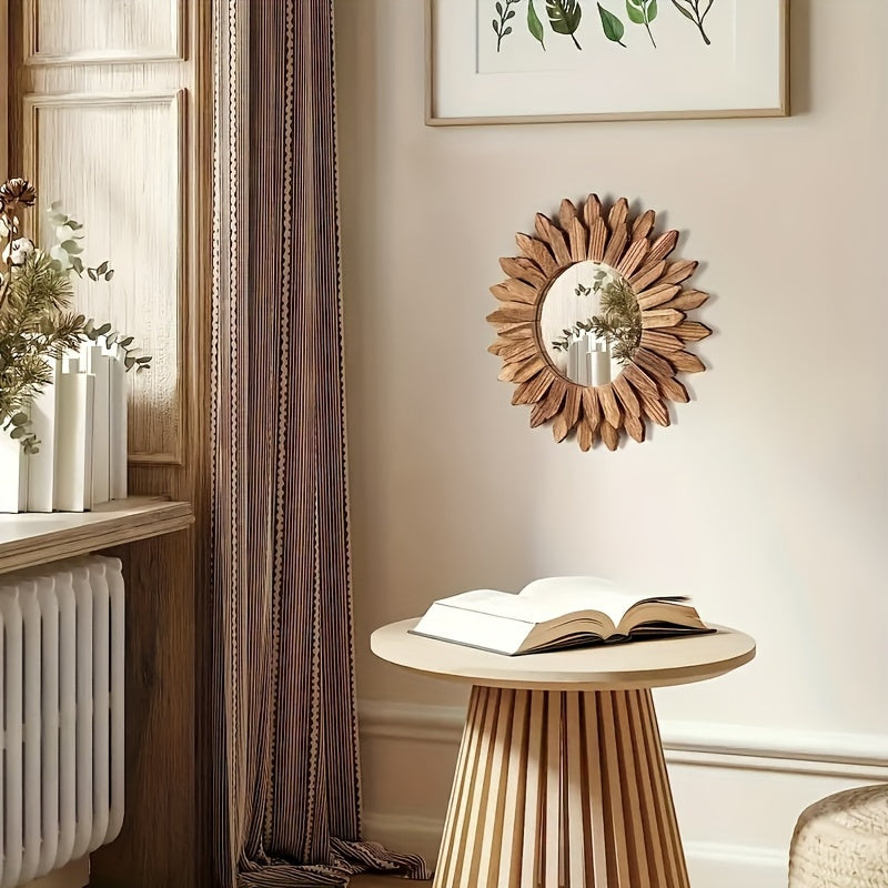 Espelho de parede redondo estilo boho em madeira com design de girassol, decorativo