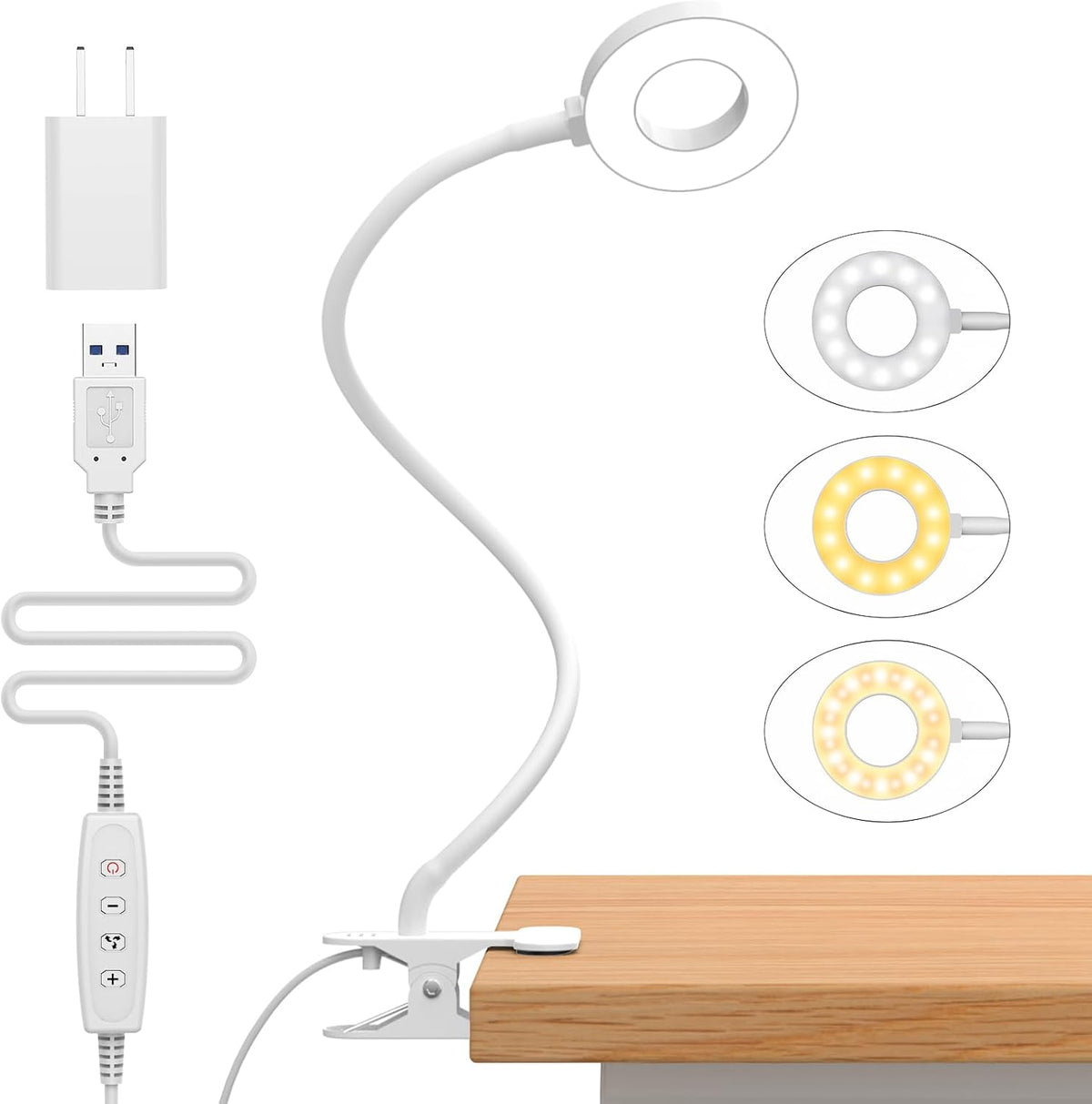 Candeeiro LED de mesa com mola, pescoço flexível 360°, 3 modos de cor, conjunto de 2