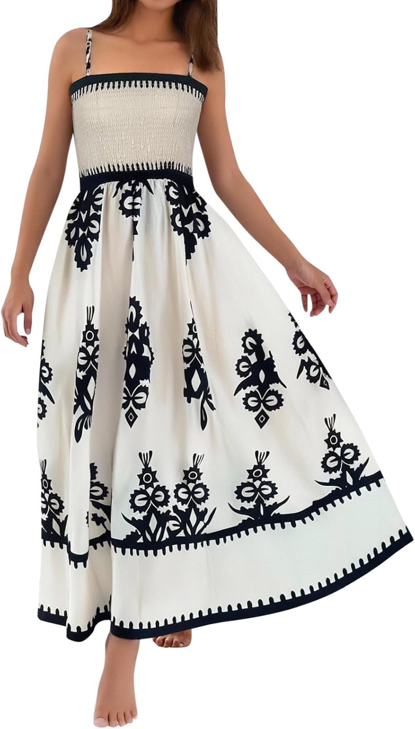 Vestido maxi feminino boho smockado decote quadrado estampado sem mangas