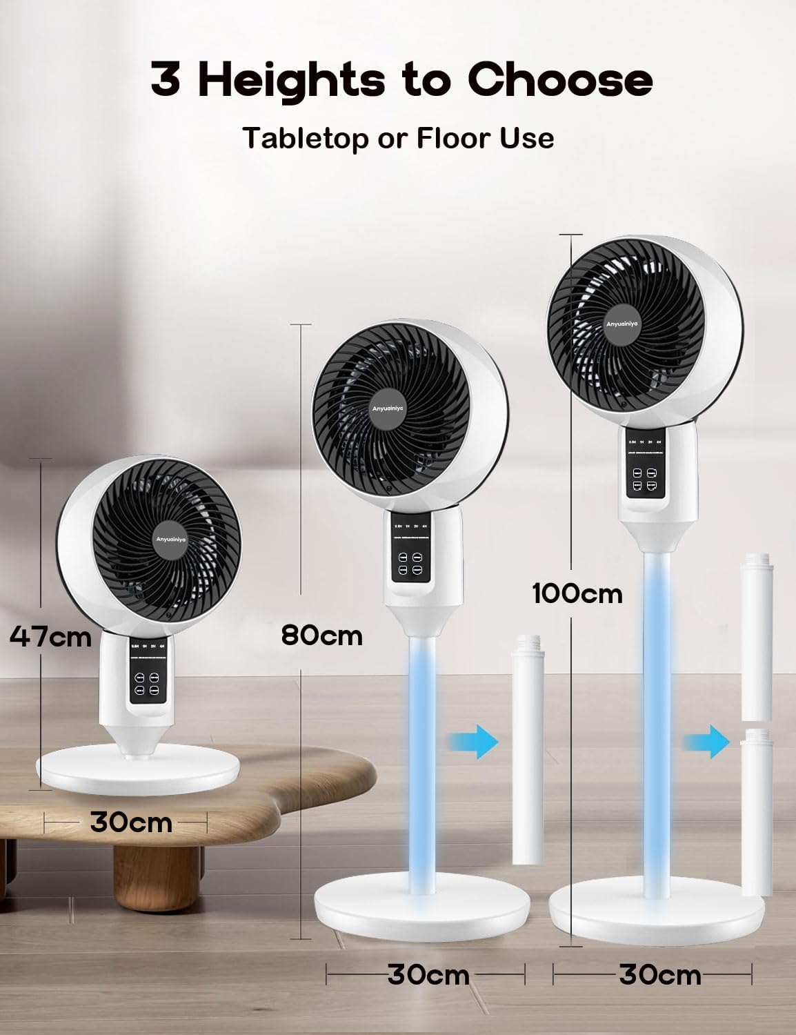 Ventilador de coluna ajustável com oscilação 3D, 3 modos, ultra-silencioso 26 dB, branco