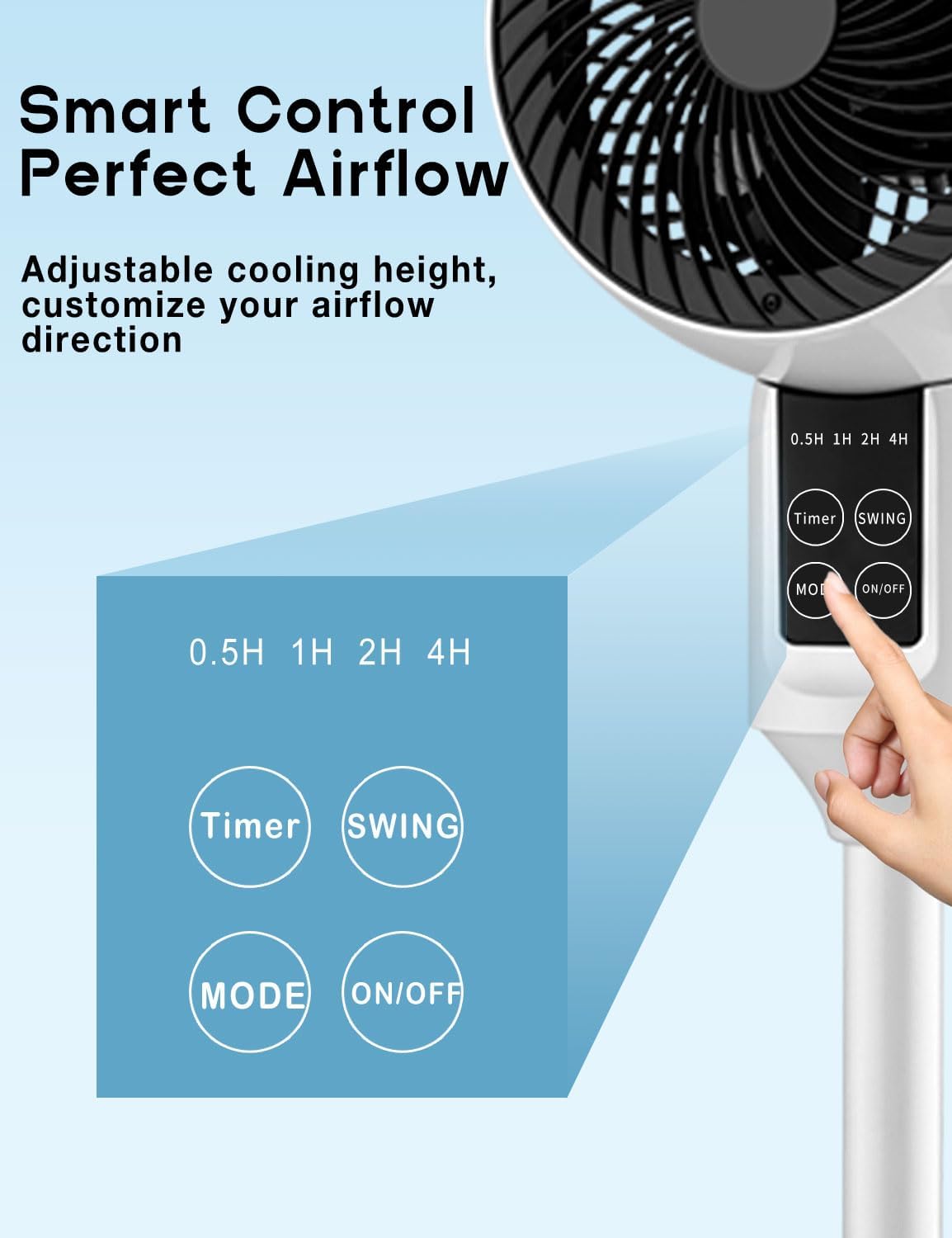 Ventilador de coluna ajustável com oscilação 3D, 3 modos, ultra-silencioso 26 dB, branco