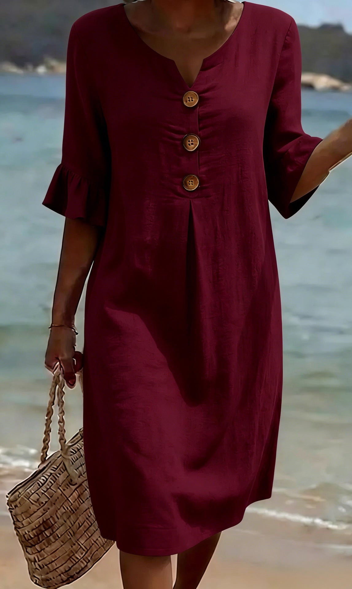 Vestido midi mulher linho algodão botões corte solto verão