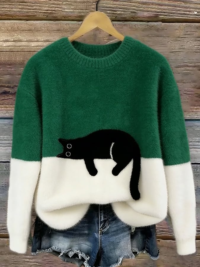 Camisola de malha color block com motivo de gato, corte relaxado verde e branco