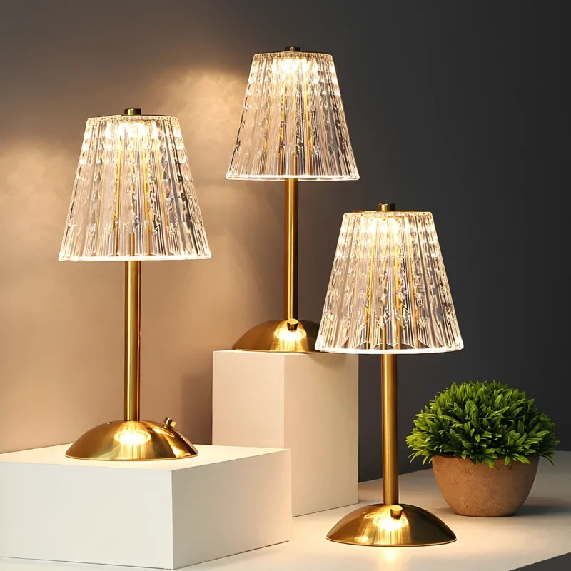 Candeeiro de mesa LED design cristal dourado sem fios com controlo tátil regulável