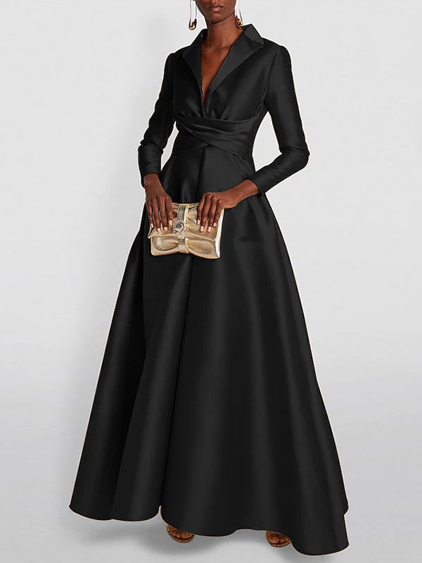 Vestido maxi feminino linha A decote V plissado cintura alta manga longa