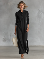 Vestido maxi sweatshirt feminino gola colarinho com acabamento branco minimalista