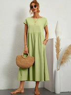 Vestido longo feminino casual com bolsos e mangas curtas
